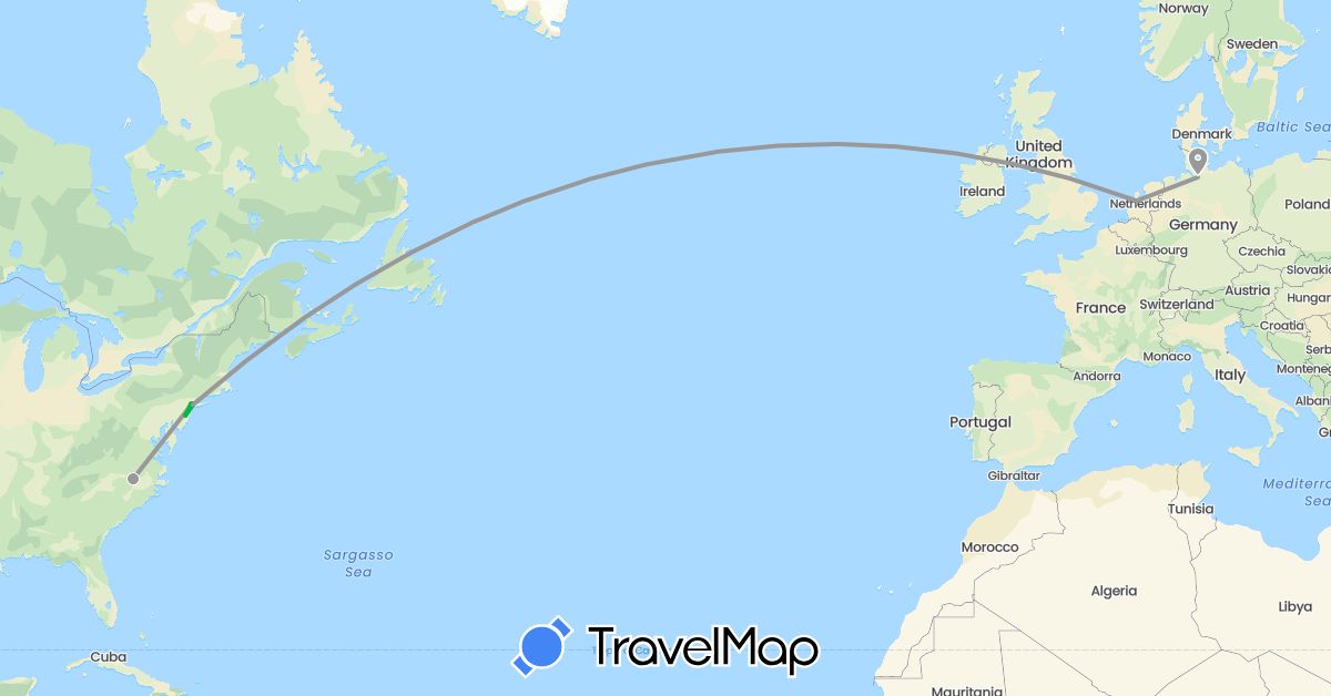 TravelMap itinerary: driving, bus, plane in Germany, Netherlands, United States (Europe, North America)